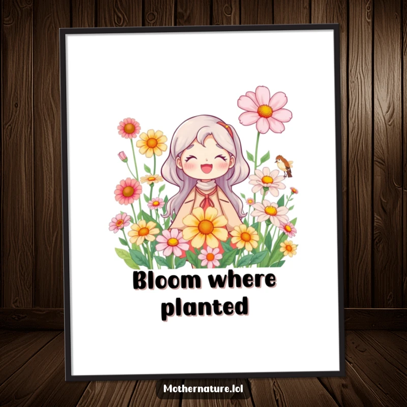 Mother Nature Poster: Serene character adorned with large, blooming wildflowers, creating a picturesque natural scene. A beautiful art gift.