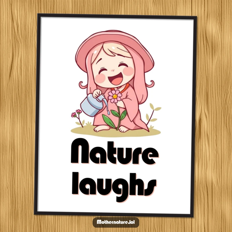 Funny poster art of Mother Nature laughing and watering a tiny, giggling flower, symbolizing joyful creation.