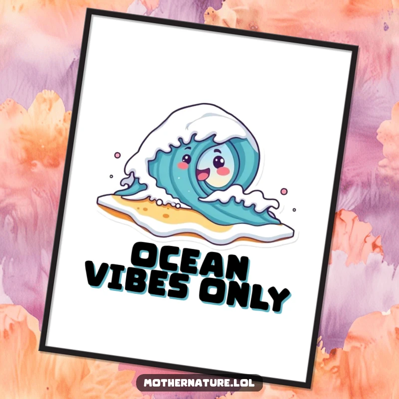 Funny Wave Character Poster depicting a cute wave character playfully crashing onto a smiling beach shore with foam, great for beach-themed decor.