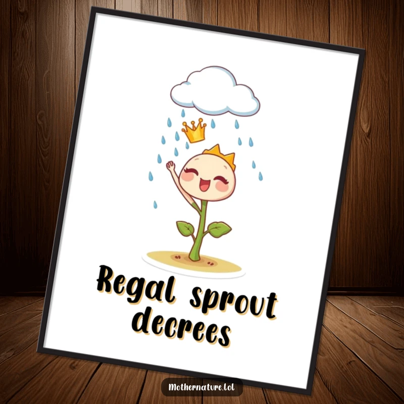Funny sprout crown poster, showing a tiny plant ruler joyfully commanding a rain cloud, exuding happiness and botanical charm.