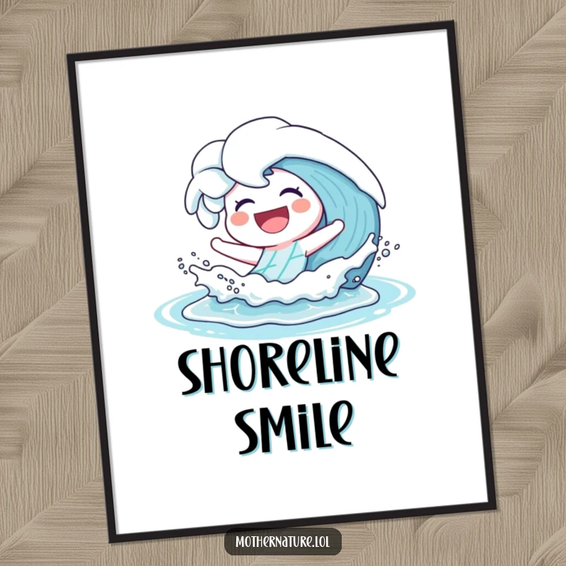 Funny Poster depicting a laughing wave character making a playful splash as it rolls onto a beautiful, sunlit shore.