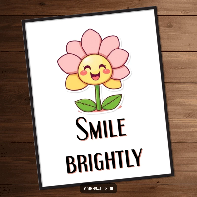 Funny Giggling Flower Poster showing a happy character revealing a surprise smiley face from within blooming petals, perfect for cheerful decor.
