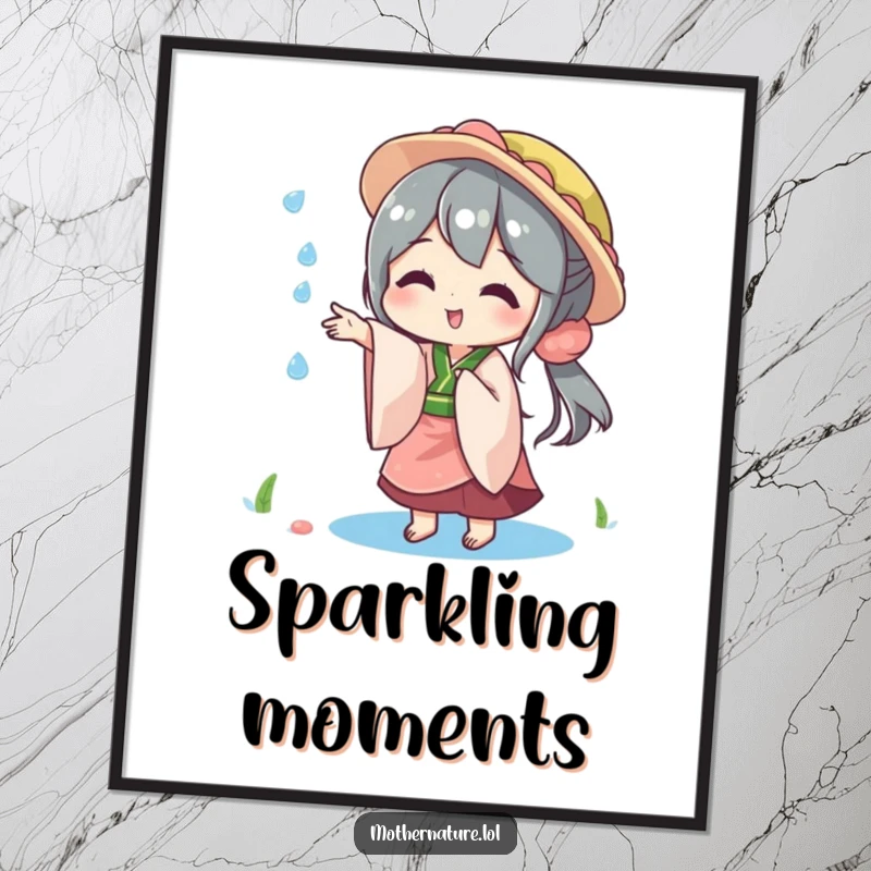 Funny poster art of Mother Nature playfully tossing a sparkling raindrop, symbolizing gentle weather and joy.