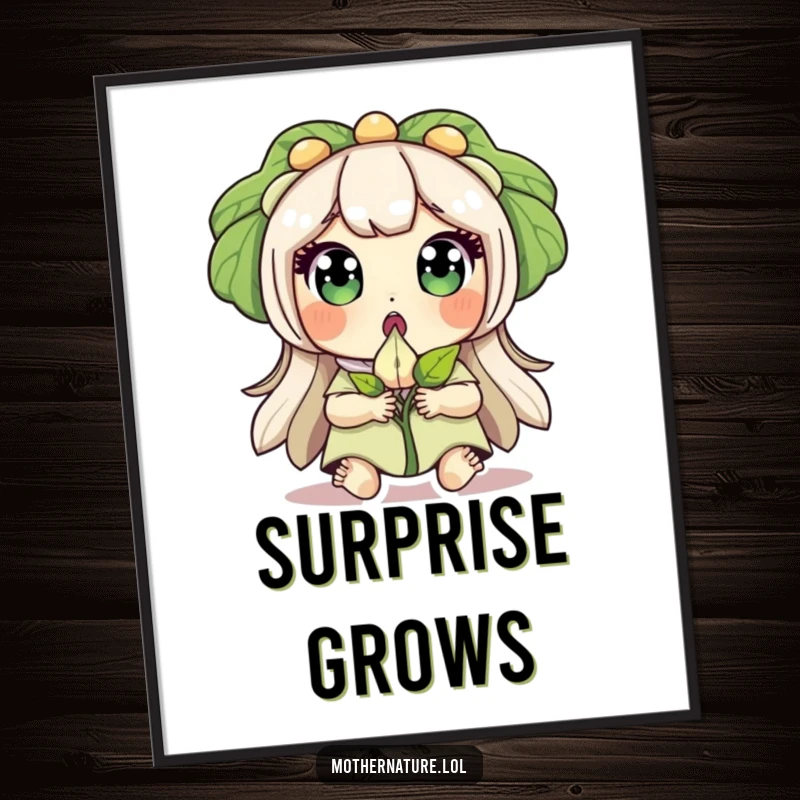 Funny poster art of Mother Nature with wide eyes, surprised, holding a sprouting seed, symbolizing discovery.