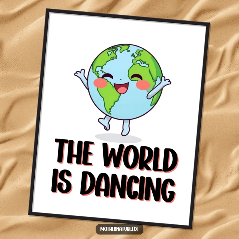Funny poster showcasing a happy, small Earth character in a spirited, joyful dance, spinning with its green continents in motion.