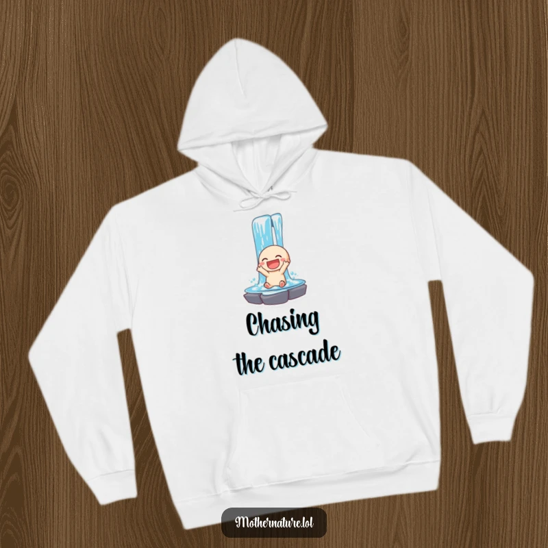 Funny hoodie with a laughing waterfall character cascading with pure delight. Warm and uplifting.