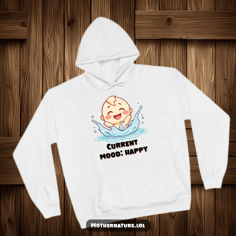 Funny smiling river character hoodie, playfully splashing with a delighted expression, perfect for cozy comfort and humor.