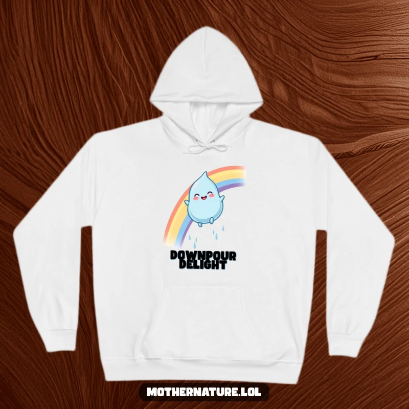 Funny rainbow raindrop hoodie featuring a plump, smiling character sliding with glee down a vibrant arc, offering cozy comfort.