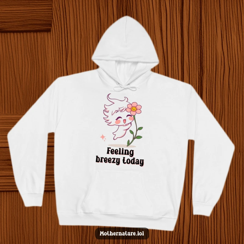 Funny hoodie illustrating a playful wind gust character playfully tickling a startled flower, perfect for cozy, fun days.