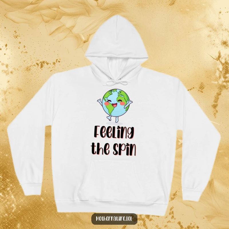 Funny hoodie depicting a happy Earth character performing an energetic, joyful dance and spinning with its green continents in full view.