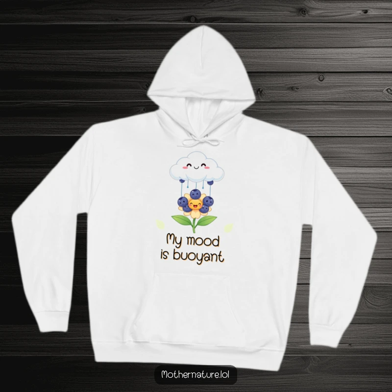 Funny cheerful cloud hoodie, raining smiling blueberries onto a happy flower, cozy apparel, delightful nature gift.