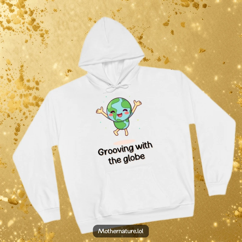 Funny Earth hoodie featuring a happy character dancing joyfully and spinning with green continents, offering cozy, planet-loving comfort.