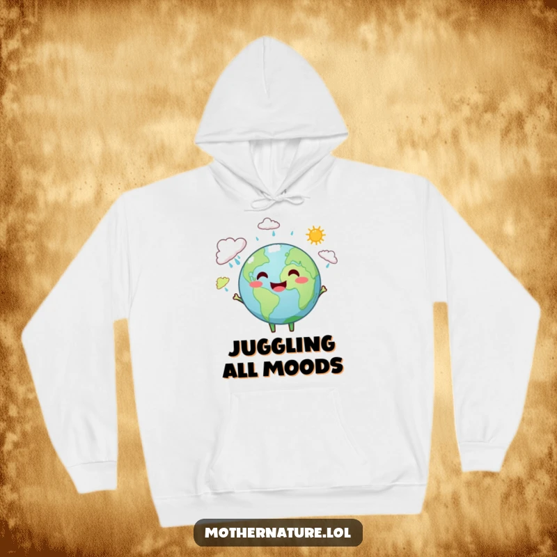 Funny Earth hoodie depicting a smiling Earth character adeptly juggling small rain clouds and bright sun symbols.