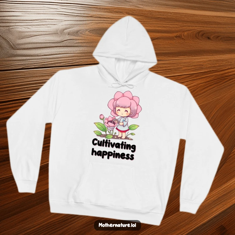 Funny hoodie with a cute character happily watering a blooming oversized flower, comfortable and humorous loungewear.