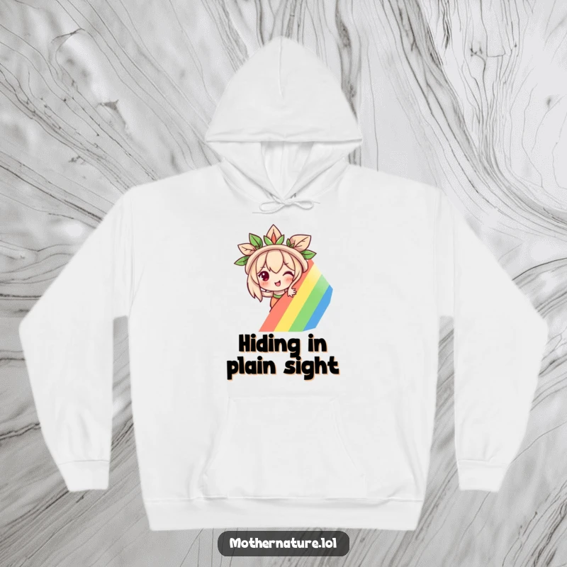 Funny Mother Nature hoodie depicting a mischievous character playfully peeking out from behind a vibrant rainbow, offering cozy charm.