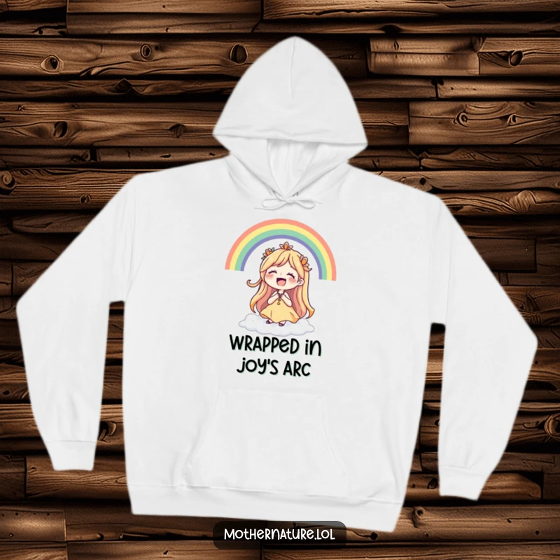 Funny Mother Nature hoodie showing a laughing character enveloped by a brilliant, cheerful rainbow, symbolizing pure delight.