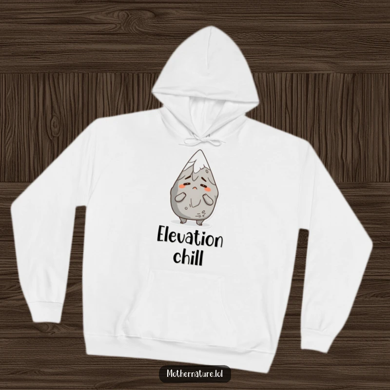 Funny hoodie featuring an anthropomorphic mountain character with a comical shrug and bemused expression, offering warmth and humorous chill.