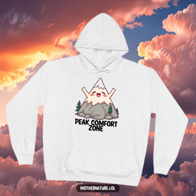 Funny hoodie showing a cute mountain character stretching its snowy peaks upwards in a huge, satisfied yawn.