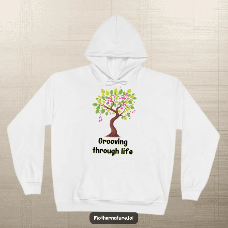 Funny musical tree branch hoodie, leaves shaped like dancing musical notes, cozy apparel, delightful artistic gift.