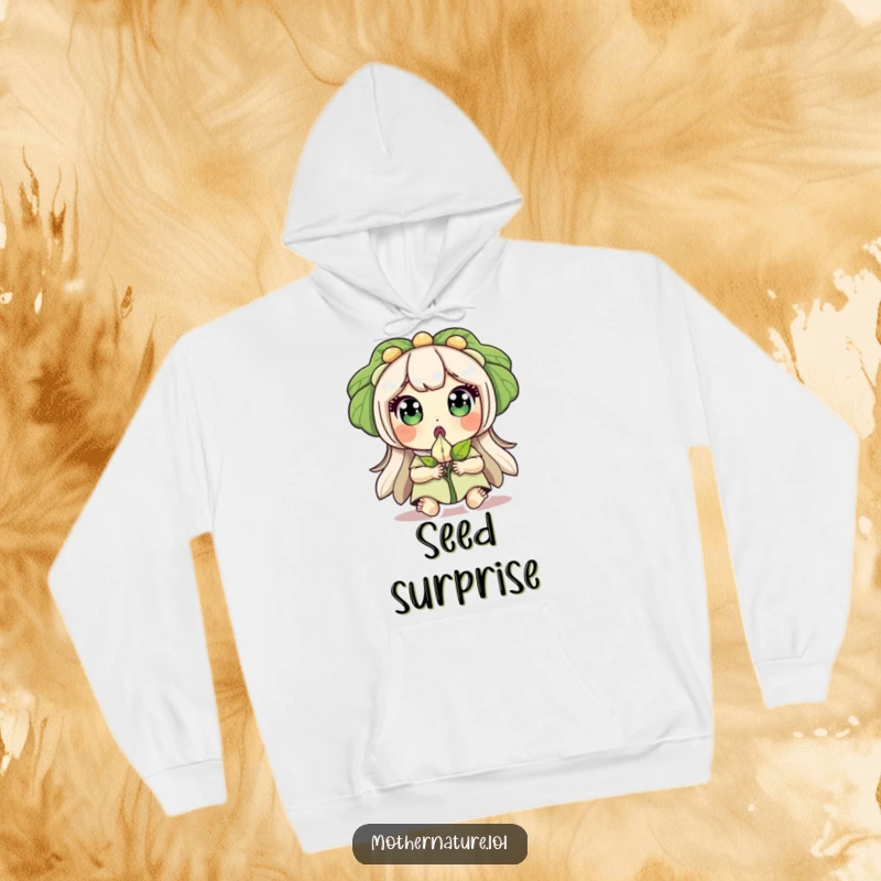 Funny hoodie design of Mother Nature with wide eyes, surprised, holding a sprouting seed, symbolizing new life.