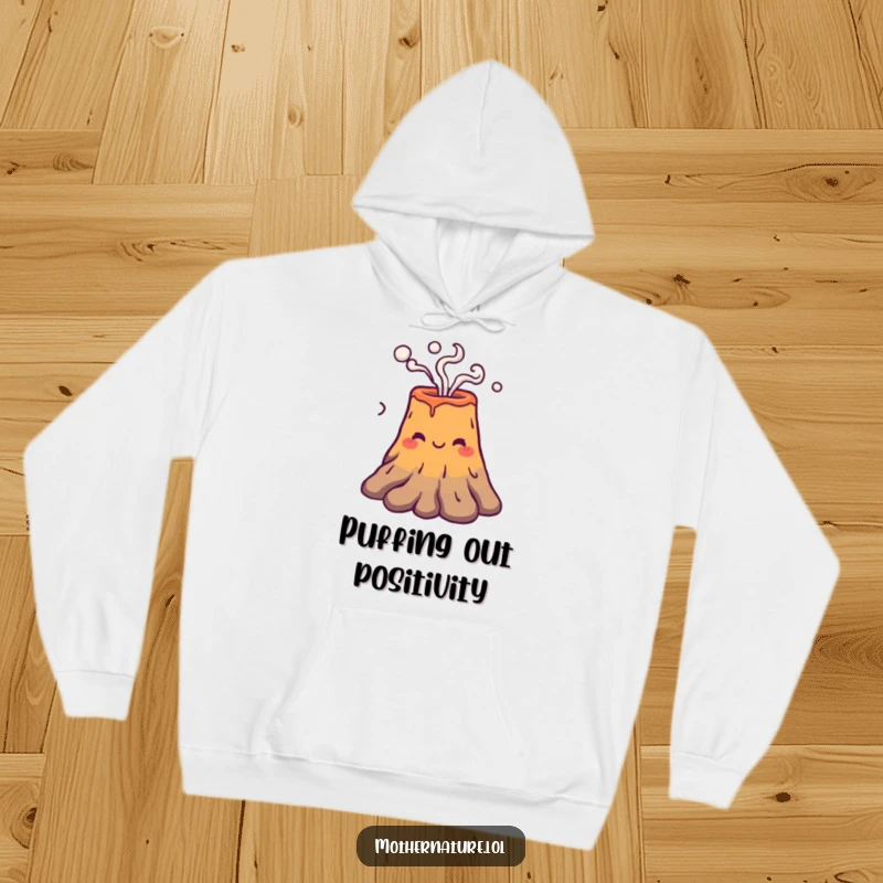 Funny smiling volcano character gently puffing smoke rings on a warm, comfortable hoodie, ideal for cozying up.