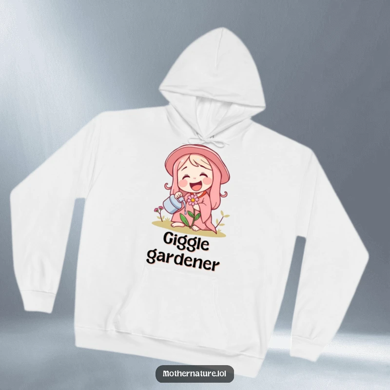Funny hoodie design of Mother Nature laughing as she waters a small, giggling flower, depicting joyful nurturing.