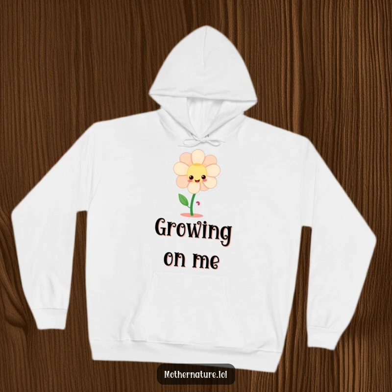 Funny giggling flower character hoodie, with tiny dancing legs, twirling cheerfully for cozy humor.