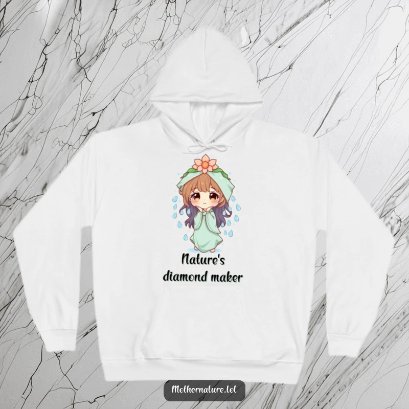 Mother Nature Hoodie: Character creating a cascade of sparkling dew drops, symbolizing gentle refreshment and purity. Cozy and a serene gift.