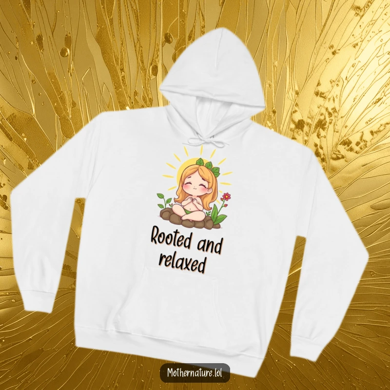 Funny hoodie depicting Mother Nature relaxing while sunbathing, surrounded by plants, perfect for cozying up and embracing tranquility.