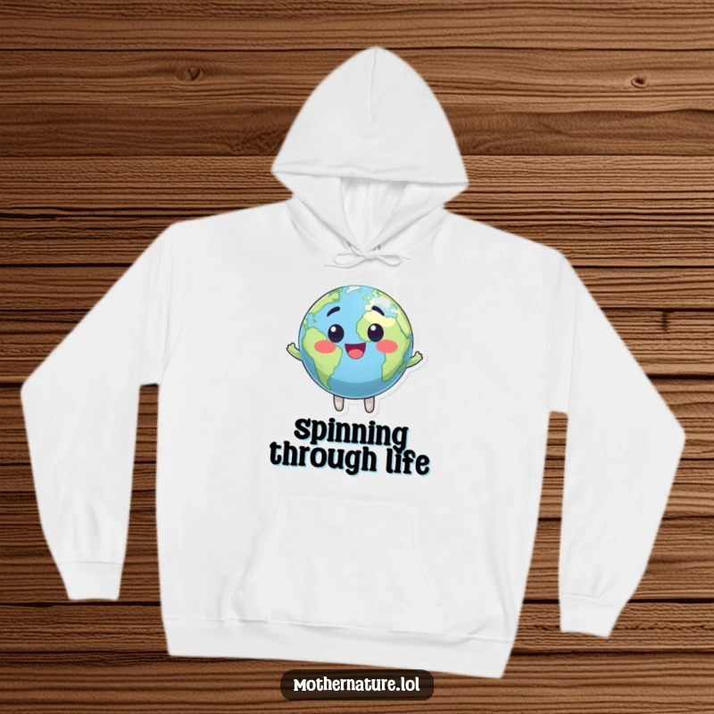 Funny hoodie with a smiling, bouncing Earth globe character, full of life and energy. Ideal for casual wear.