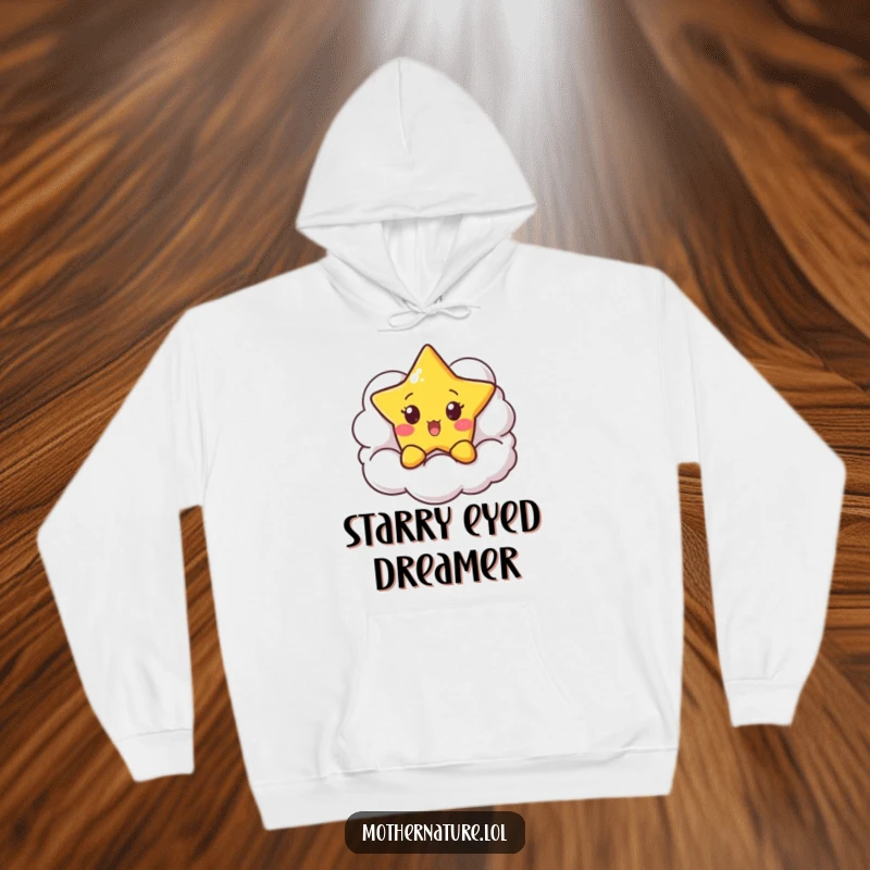 Funny Surprised Star Hoodie featuring a cute character peeking from behind a smiling cloud, offering warm and whimsical comfort.