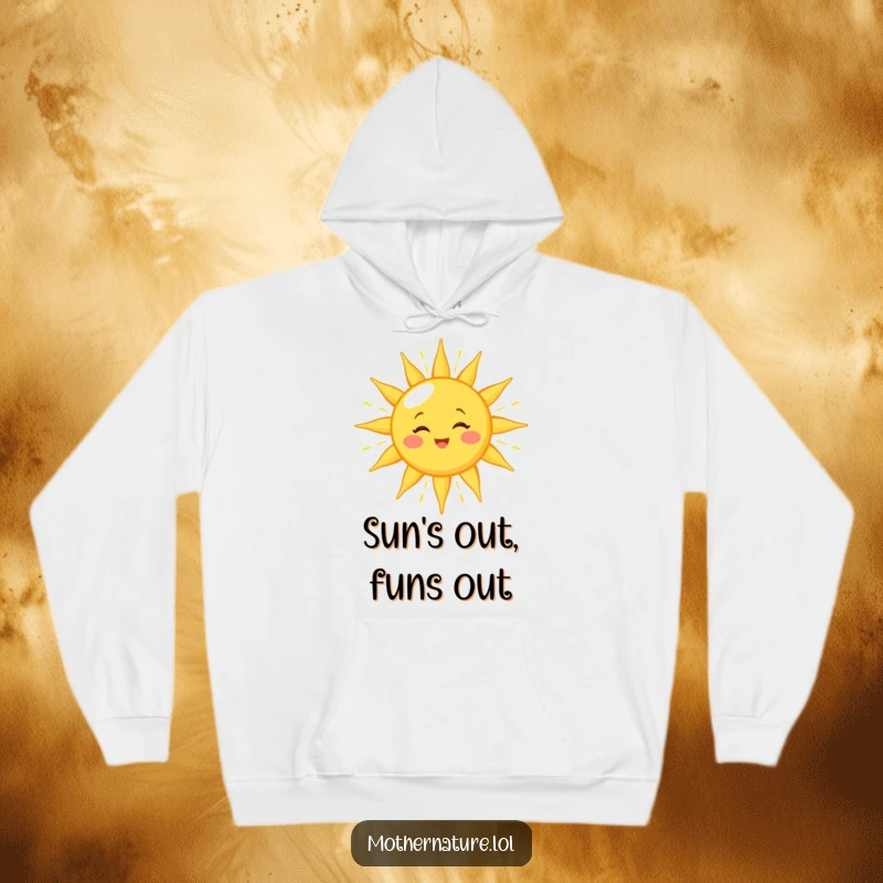 Funny sun hoodie with a winking character showering golden light, offering cozy comfort and cheerful vibes, a warm wearable accessory.