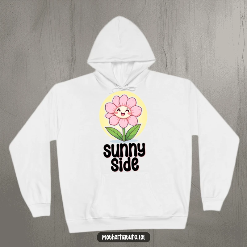 Funny Hoodie featuring a happy flower character stretching its petals open to embrace the warm, radiant sunshine.