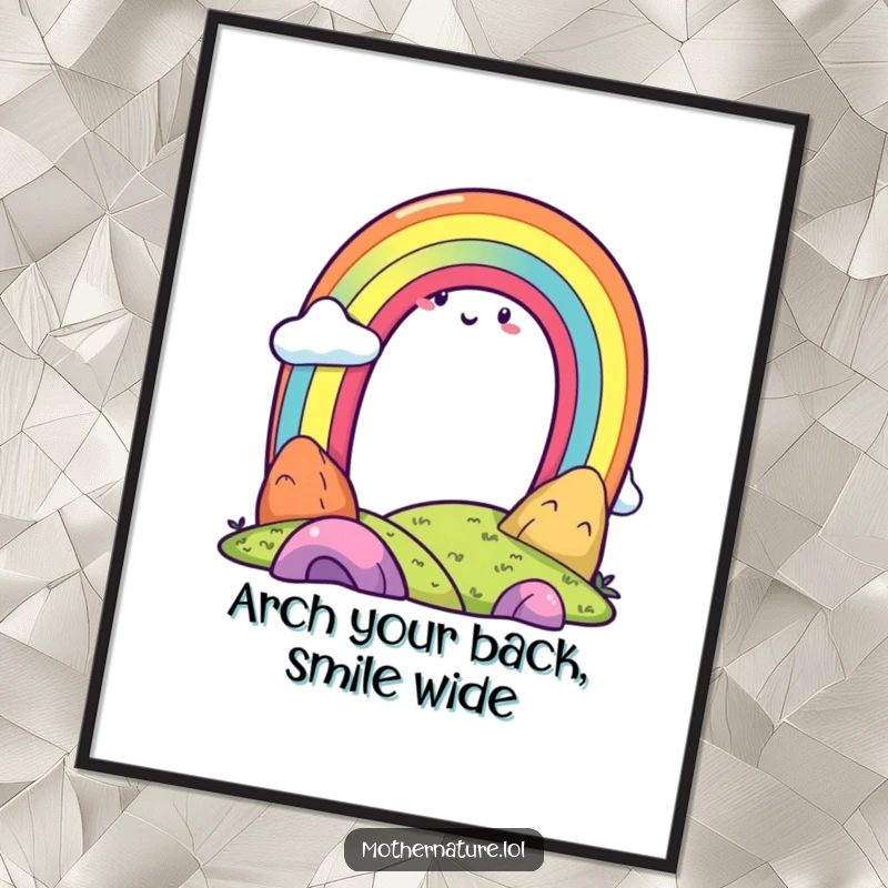Funny Free Printable Wall Art depicting a joyful rainbow character arching over a smiling landscape, creating a cheerful and uplifting atmosphere.