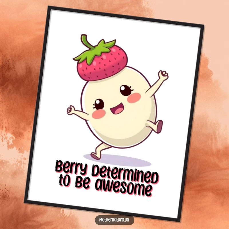 Funny Free Printable Wall Art: An energetic plump berry in mid-cartwheel with a comically determined facial expression.