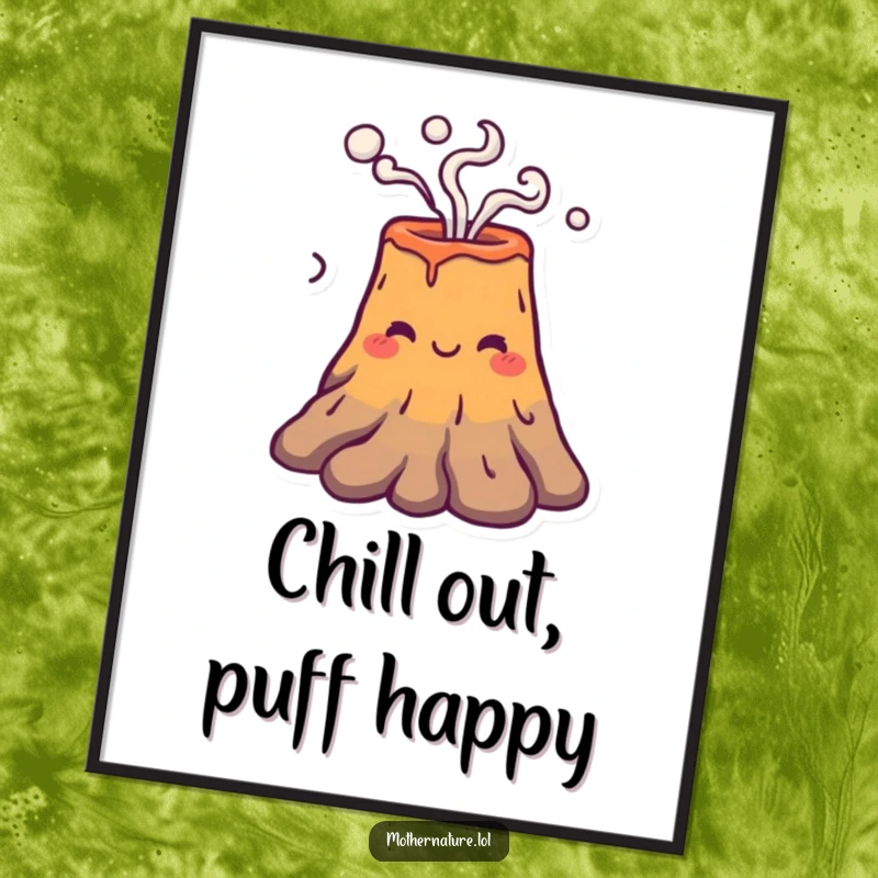Funny Free Printable Wall Art featuring a smiling volcano character gently puffing smoke rings, adding a cozy and playful vibe to decor.