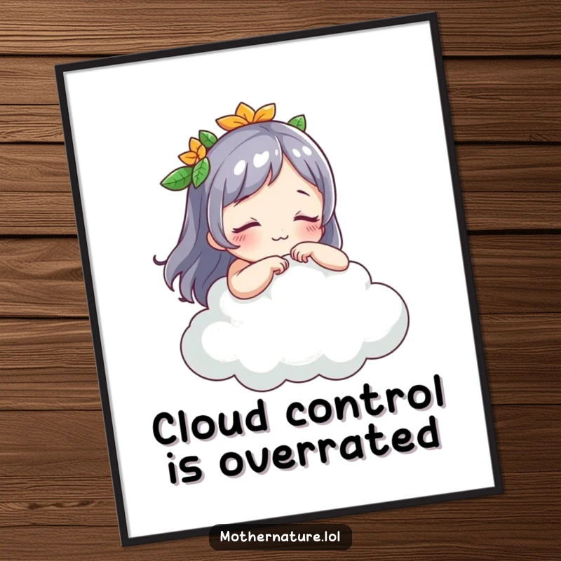 Funny Free Printable Wall Art: A whimsical Mother Nature character playfully tickling a fluffy, sleeping cloud.