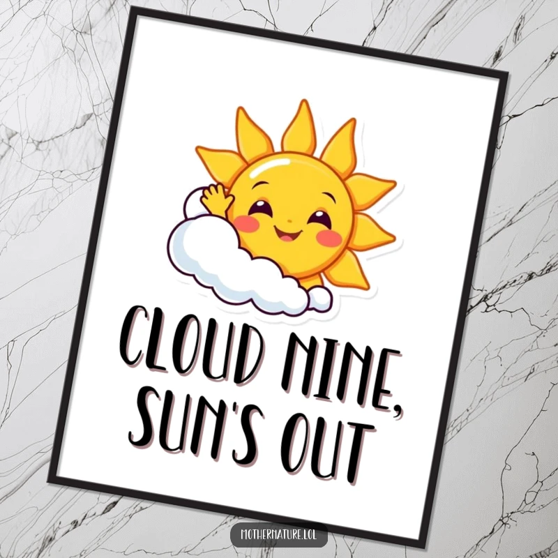 Funny Free Printable Wall Art: A smiling sun character waves cheerfully from behind a giggling, fluffy cloud.