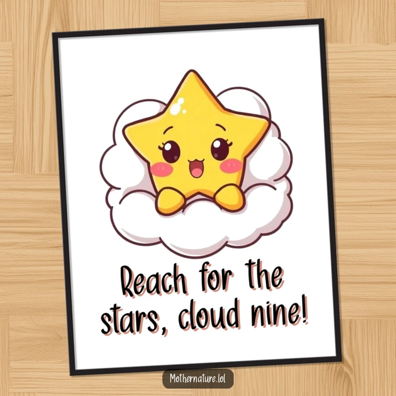 Funny Free Printable Wall Art: Surprised little star peeking from behind a fluffy smiling cloud, creating celestial decor.