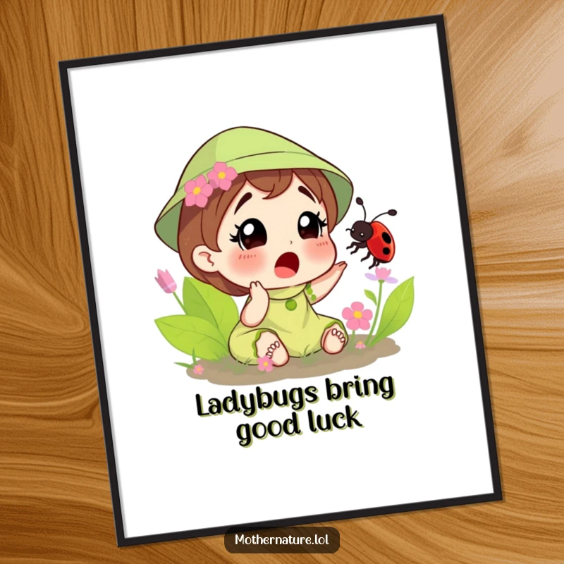 Free Printable Wall Art: Mother Nature looks delightfully surprised as a friendly ladybug tickles her cheek, capturing a moment of lighthearted fun.