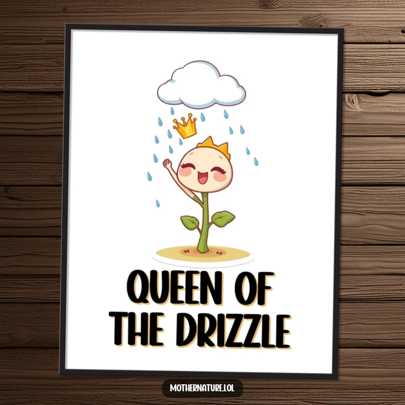Funny Free Printable Wall Art: A small sprout wearing a crown joyfully commands a puffy rain cloud to release a gentle, refreshing sprinkle.