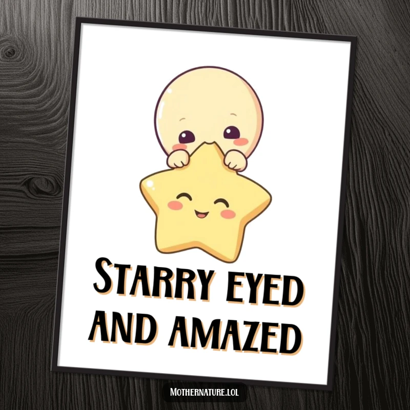 Funny Free Printable Wall Art featuring a curious moon character peeking over a star that is comically giggling, creating a whimsical scene.