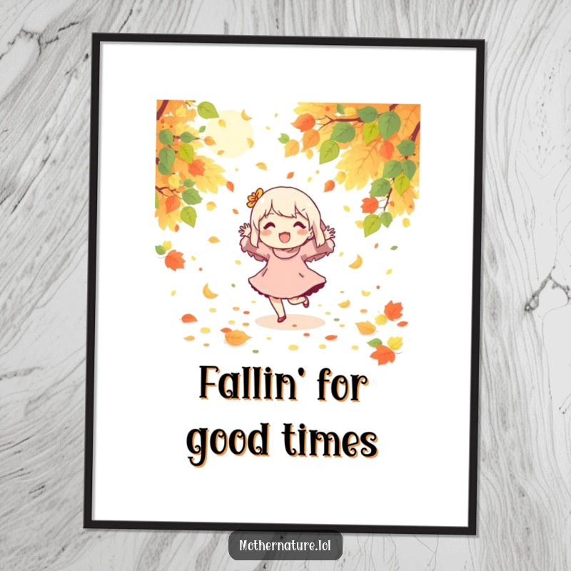Funny Free Printable Wall Art: A character joyfully dancing amidst a shower of falling leaves and bright sunshine, bringing warmth and cheer.