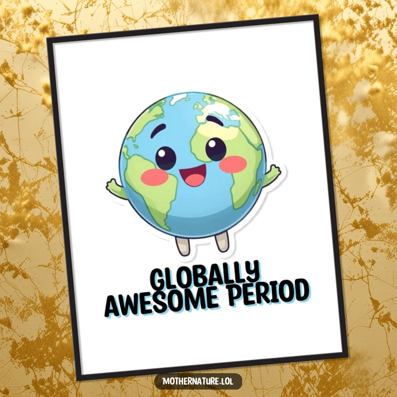Funny Free Printable Wall Art depicting a cheerful Earth globe character with a bright face, radiating pure joy and humor.