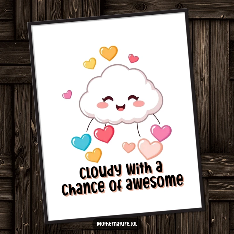 Funny Free Printable Wall Art: Tiny cute cloud character giggling while raining colorful bouncing hearts, whimsical decor.