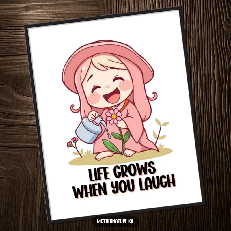 Funny Free Printable Wall Art: Mother Nature laughing joyfully while watering a tiny, giggling flower.