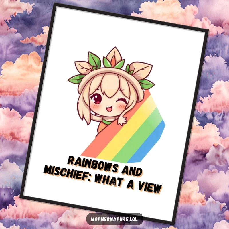 Funny Free Printable Wall Art: A charmingly mischievous Mother Nature character peeking playfully from behind a vivid, arched rainbow.