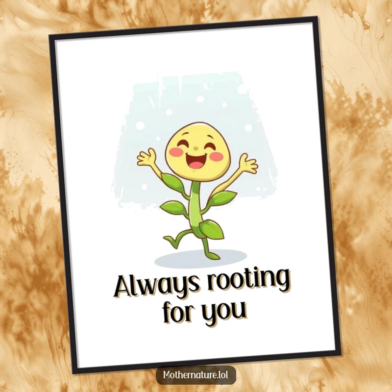 Funny Free Printable Wall Art: A cheerful plant character dancing energetically in a light shower, bringing vibrant, humorous energy.