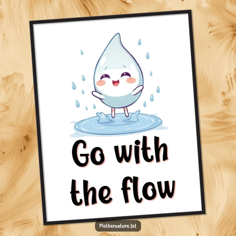 Funny Free Printable Wall Art: Playful raindrop character splashing with delight into a puddle, perfect for downloadable fun decor.