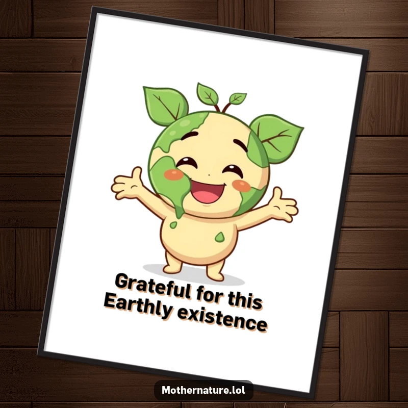Funny Free Printable Wall Art: Smiling Earth character with leafy arms outstretched, beaming with joyous surprise and charm.